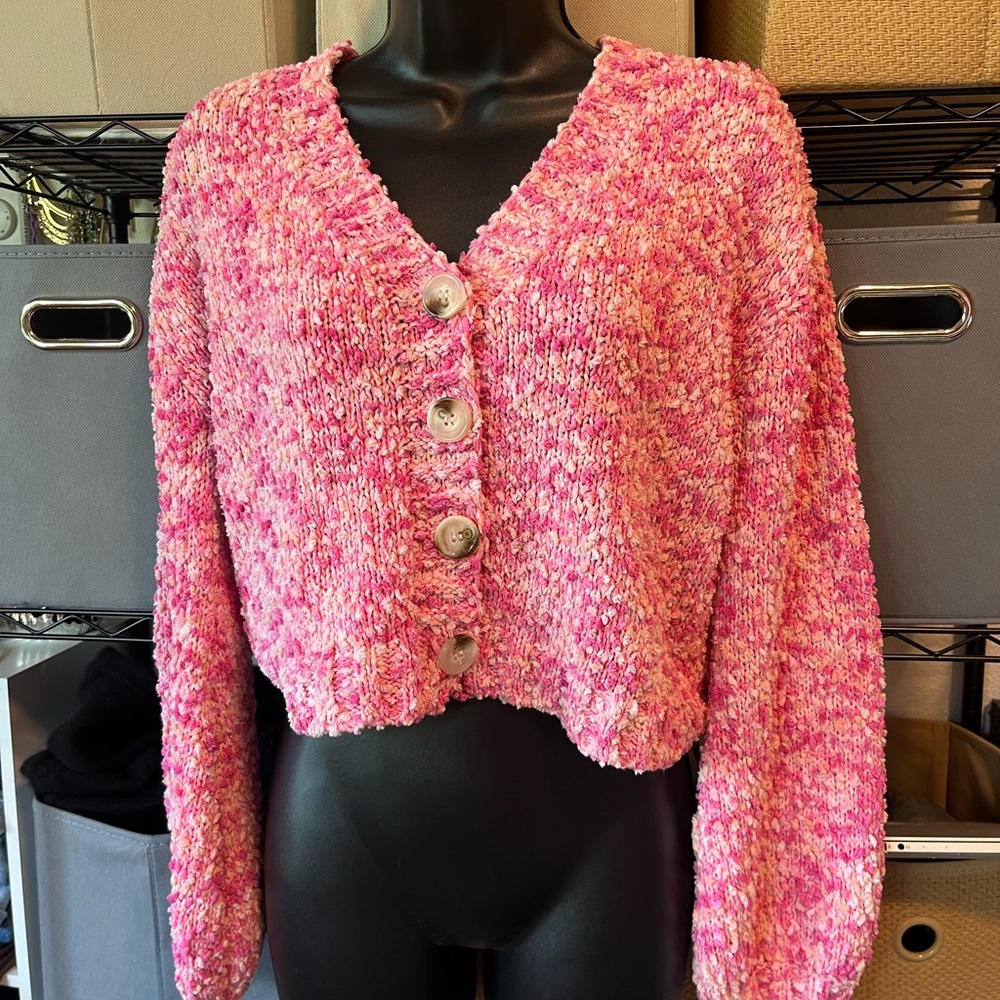 Lulu's Pink Marled Chunky Button-Front Crop Cardigan
